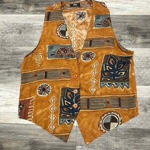 Vintage 90s Pasta Funky Button Down Giraffe Turtle Tribal Patchwork Top Vest